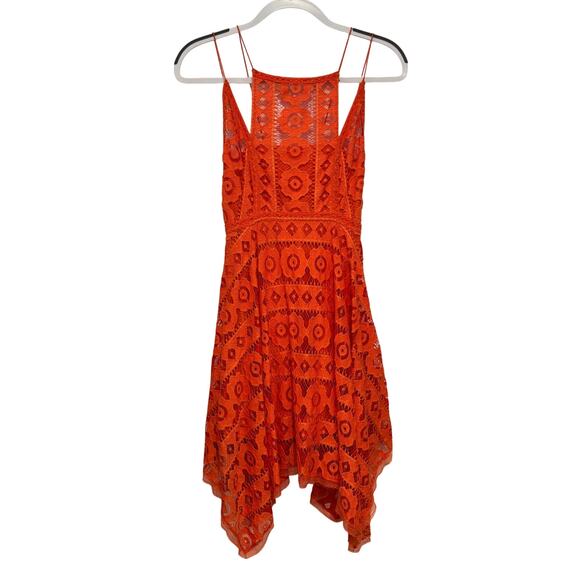 Free People Just Like Honey Orange Coral Lace Handkerchief Asymmetrical Dress - Picture 6 of 15